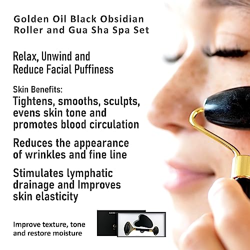 Golden Oil Black Obsidian Facial Roller & Gua Sha Set for Anti-Aging & Skin Tightening