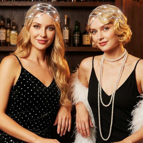 CAKURE Rhinestone Flapper Head Chain - Silver 1920s Gatsby Headpiece