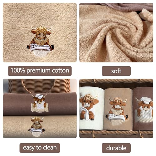 Highland Cow Hand Towels – Set of 3, 100% Cotton, Rustic Design