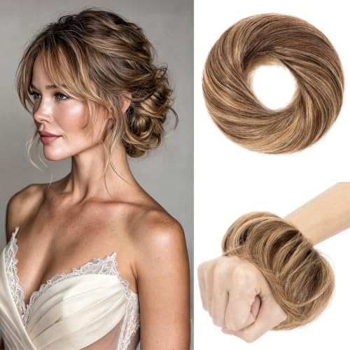 Rich Choices Human Hair Messy Bun Hair Piece for Women - Straight Medium Brown Highlight Dark Blonde, Easy Updo Extension