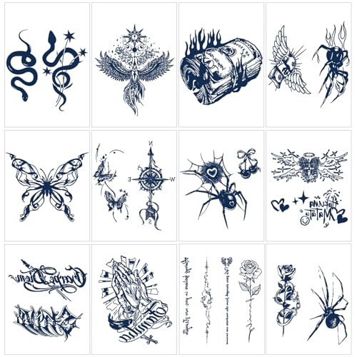 Gothic 12 Pcs Jagua Temporary Tattoo Stickers - Waterproof & Realistic