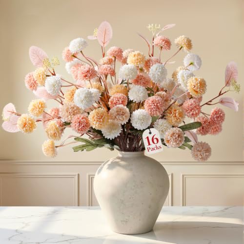 16 Pcs Faux Silk Mums with Eucalyptus - Pet Safe, Bendable Stems