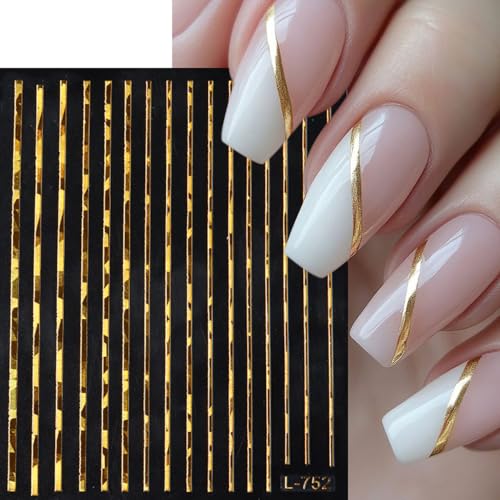 Gold French Tip Nail Art Stickers - Wavy Stripe Decals for Manicure, 6 Sheets