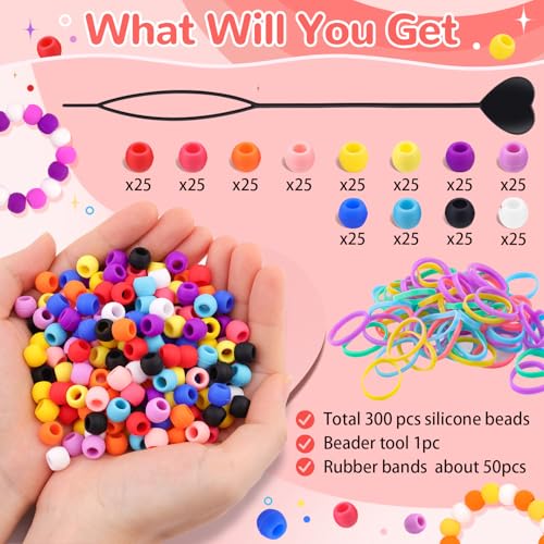 300 Silicone Hair Beads Kit with Beader & Rubber Bands - Multicolor