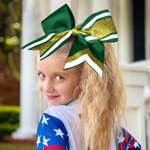 Aileam 8 pcs Glitter Cheer Bows 8" Hair Accessories for Cheerleading & Sports - Gold Green White