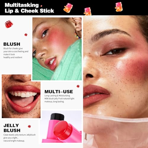Tiejdhr 3-in-1 Jelly Lip & Cheek Tint Stick 0.32 oz 03+04 – Moisturizing Lip Gloss, Blush & Eyeshadow