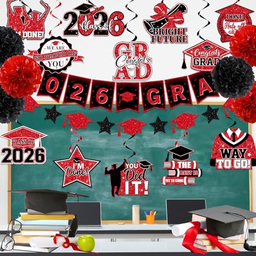 Class of 2026 Red and Black Graduation Decorations Set