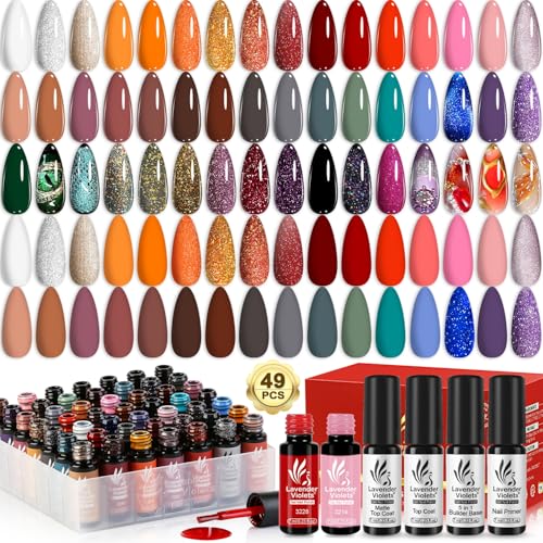 Lavender Violets Amber Brown Gel Nail Polish Set - 49 Pcs with 45 Colors, Glossy & Matte Top Coats