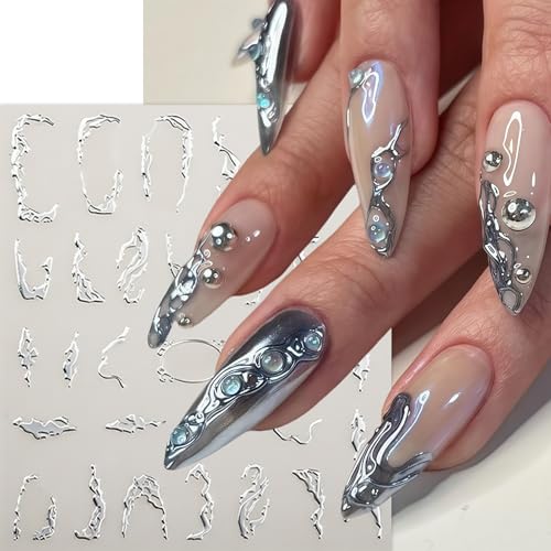 6 Sheets Silver Line Nail Art Stickers - 3D Abstract Design