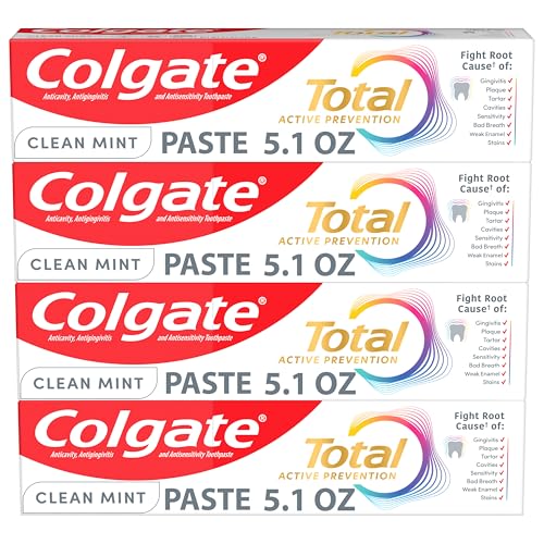 Colgate Total Active Prevention Fluoride Toothpaste, Clean Mint, 4 Pack