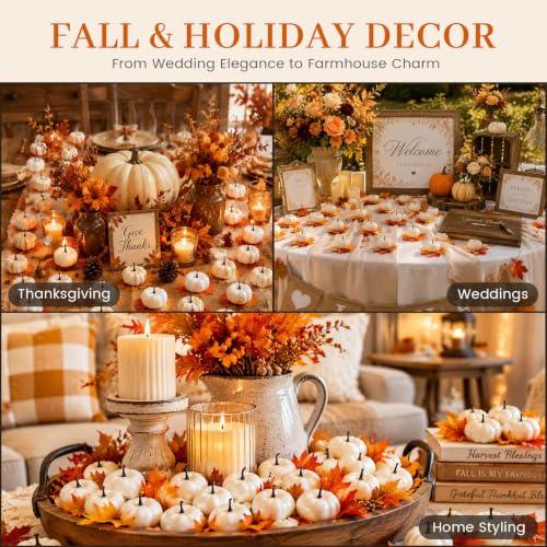 40 PCS White Mini Pumpkins with Maple Leaves for Fall Decor