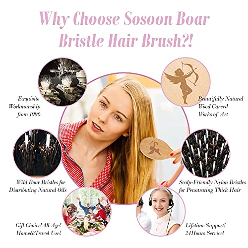 Sosoon Boar Bristle Hair Brush Set with Nylon Pins for Detangling
