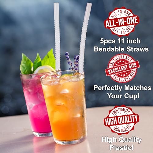 Reusable 11-Inch Bendable Straws - Flexible Drinking Straws, 5 Pack