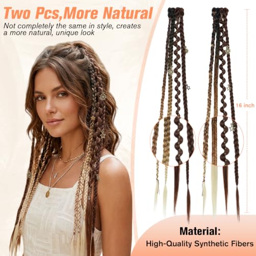 BOGSEA 2PCS Clip-In Braided Hair Extensions Brown to Blonde 16 Inch Boho Dreadlock