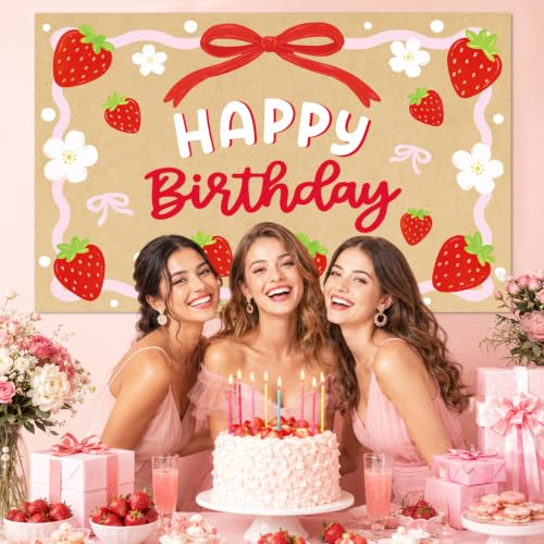 Strawberry Birthday Backdrop Banner - 39x24.5 Inch Berry Decor
