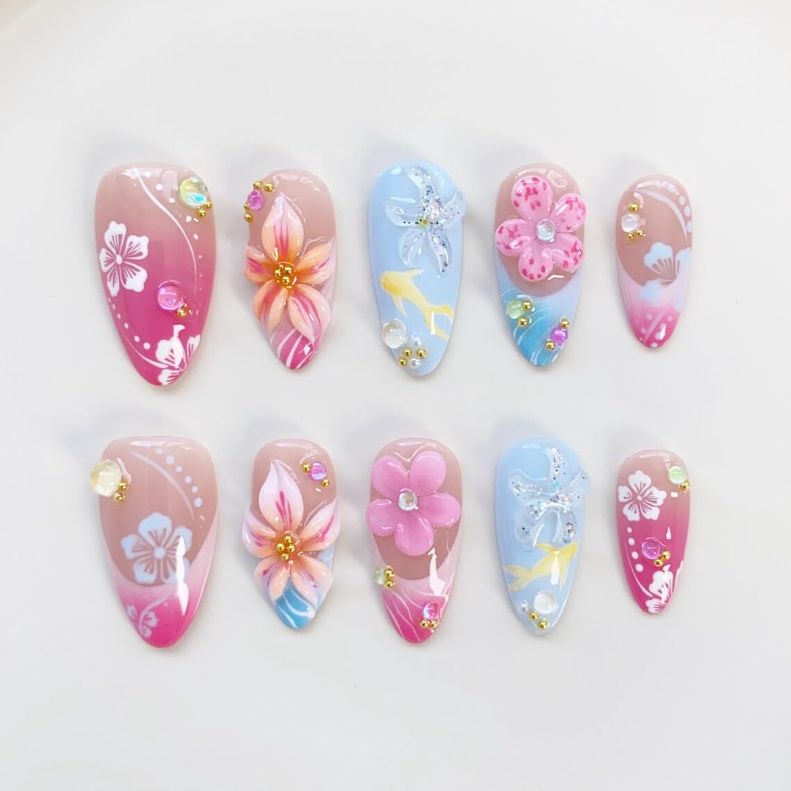 30Pcs Blue Flower Press-On Nails - Medium Almond Shape with Rhinestones | Reusable Acrylic Ocean Wave French Tips for Beach Vacation DIY Nail Art