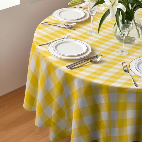 84" Disposable Plastic Tablecloths - 8 Pack Yellow Checkered Round Covers for Parties