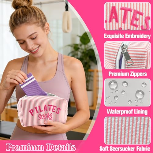 Pilates Grip Socks Bag - Embroidered Seersucker Pouch for Gym & Travel