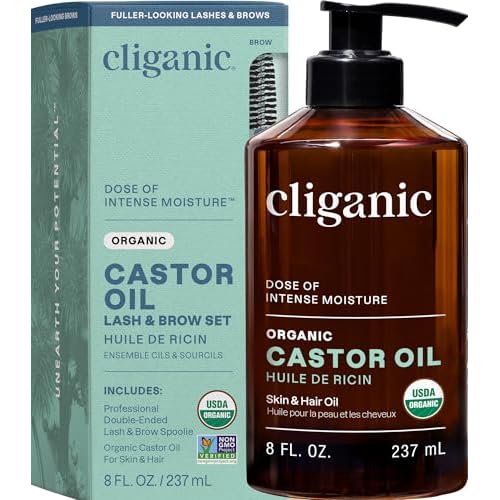 Cliganic Castor Oil Organic Cold Pressed, 100% Pure (8oz with Eyelash Kit) - For Eyelashes, Eyebrows, Hair & Skin | Bulk, Natural Unrefined Hexane-Free | DIY Carrier Oil