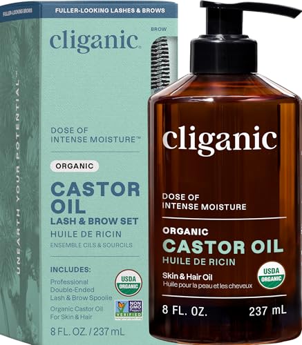 Cliganic Organic Castor Oil 8oz with Eyelash & Eyebrow Applicator Kit - Cold Pressed, Vegan