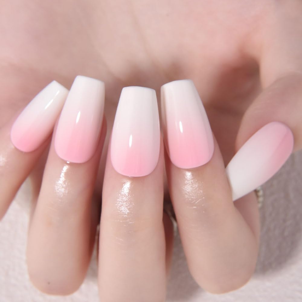Ombre Press-On Nails - White & Light Pink Coffin Acrylic Design | 30 Pcs Reusable DIY Nail Art Kit for Women