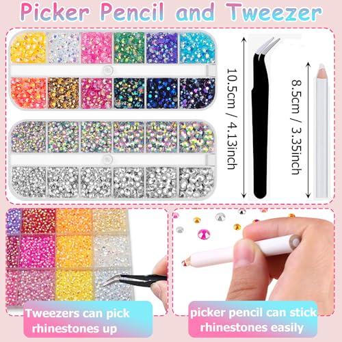 Rainbow Flatback Rhinestones Pack with AB Coating for DIY Crafts, Clothing & Decor — Silver Clear & Transparent AB, 6660pcs, 3-5mm