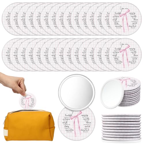 30 Pcs Mini Christian Compact Mirrors with Bible Verses, Pink Bow Makeup Gift