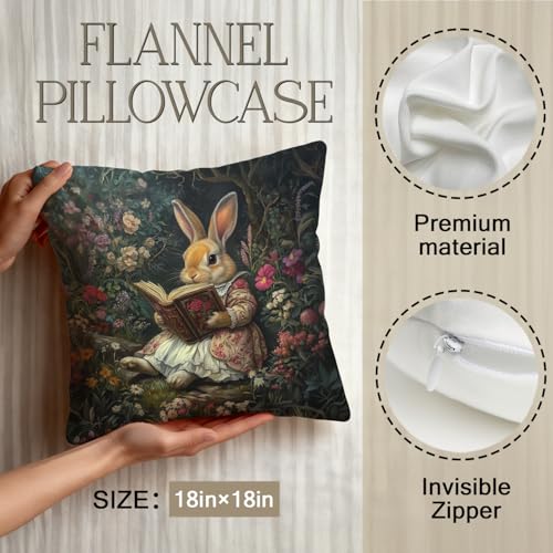 Vintage Floral Rabbit Throw Pillow Cover - 18x18 Inch Flannel Cushion Case