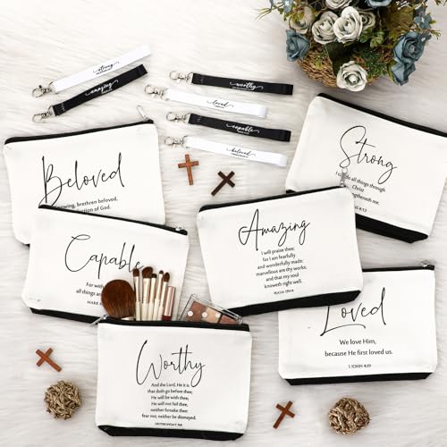 Huhumy Christian Makeup Bag Set with Inspirational Words, Black & White, 12 Pcs