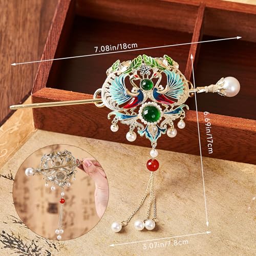 Elesokaxe Moon Phoenix Hair Sticks for Women - Green Chinese Hair Accessories
