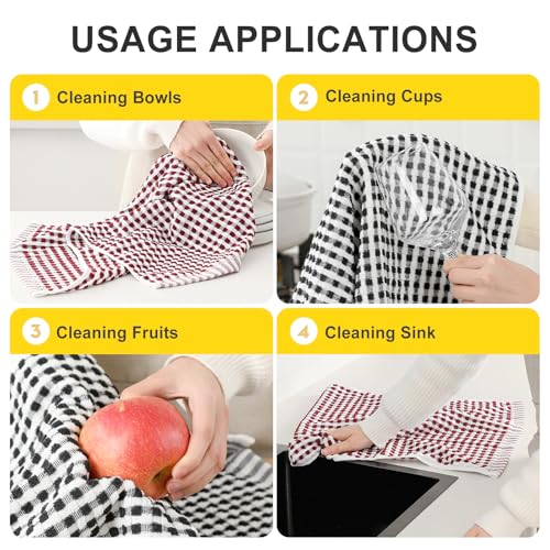 Cotton Kitchen Towels Set - Absorbent Dish Drying Cloths, 16" x 26", 4 Pack (Wine Red & Black)