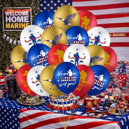 Skylety 24 Pcs Patriotic Marine Party Balloons - Blue, White, Gold & Red