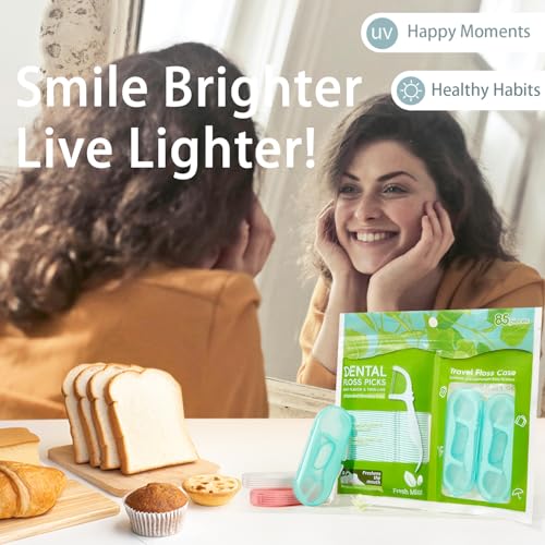 Innovihue 85 Count Dual-Line Mint Dental Floss Picks with 4 Travel Cases – 340 Count Total, Family Oral Care