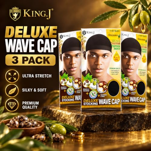 King.J Deluxe Stocking Wave Cap - 3 Pack Black Hair Wave Hood for Men & Women