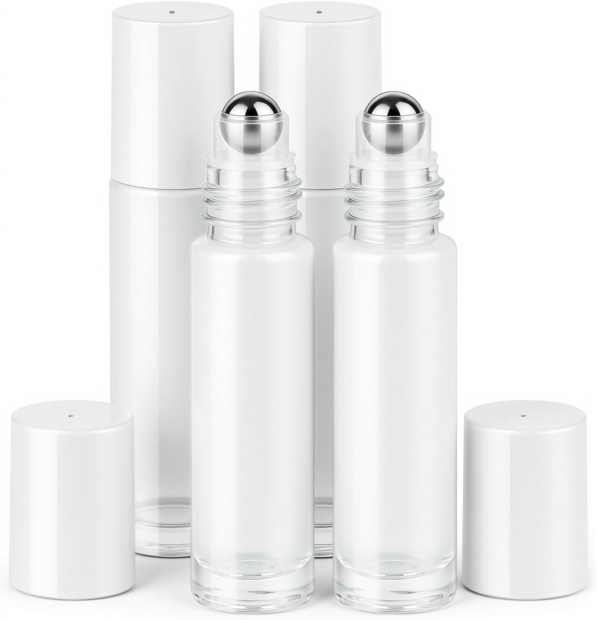 Essential Oil Roller Bottles - 4 Pack 10ml Amber Glass with Stainless Steel Caps | Travel Perfume & Lip Gloss