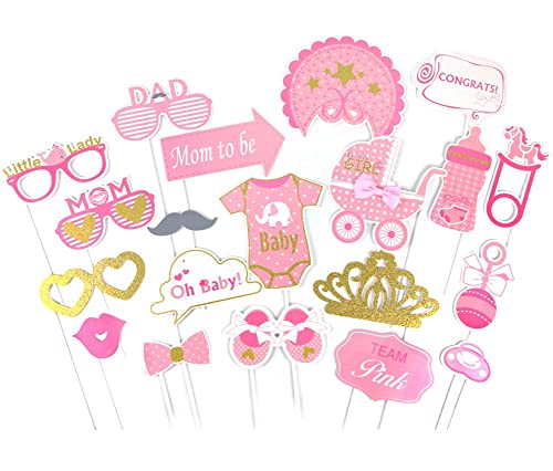 20 Pcs Baby Shower Photo Booth Props for Girls - Pink & Gold