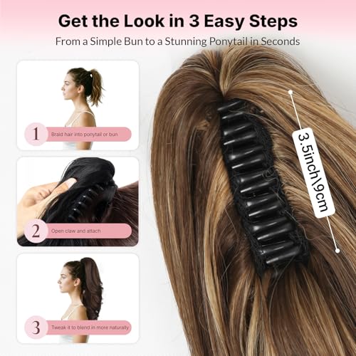 MaopaoBeauty 18-Inch Chocolate Brown with Honey Blonde Highlights Synthetic Clip-In Ponytail Extension for Women, Long Wavy Hairpiece
