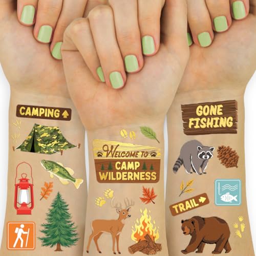 XO Fetti Camping Party Temporary Tattoos 44 Metallic Designs - 8.2x6 Inch Sheets, Wilderness & Forest Animals Favors