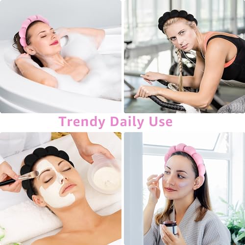 Ztomine Spa Headbands for Washing Face or Facial, Set of 2 Skincare Headbands, Terry Cloth Headband Wash Combo Pack - Puffy Makeup Washing, Mask, Skin Treatment (Black & Pink)