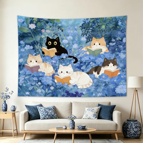 Blue Cat Garden Tapestry - 60x40 Inch Floral Wall Hanging