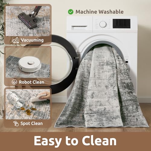 Modern Abstract Area Rug - Machine Washable, Non-Slip, Soft Grey