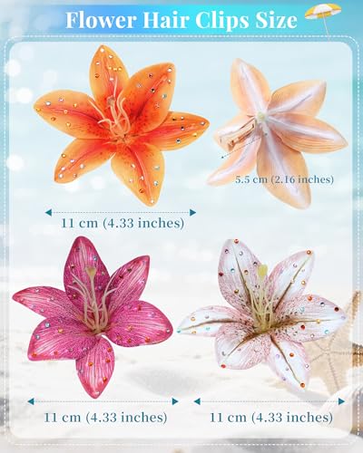 Hawaiian Flower Hair Clips with Rhinestones - 3 Pack