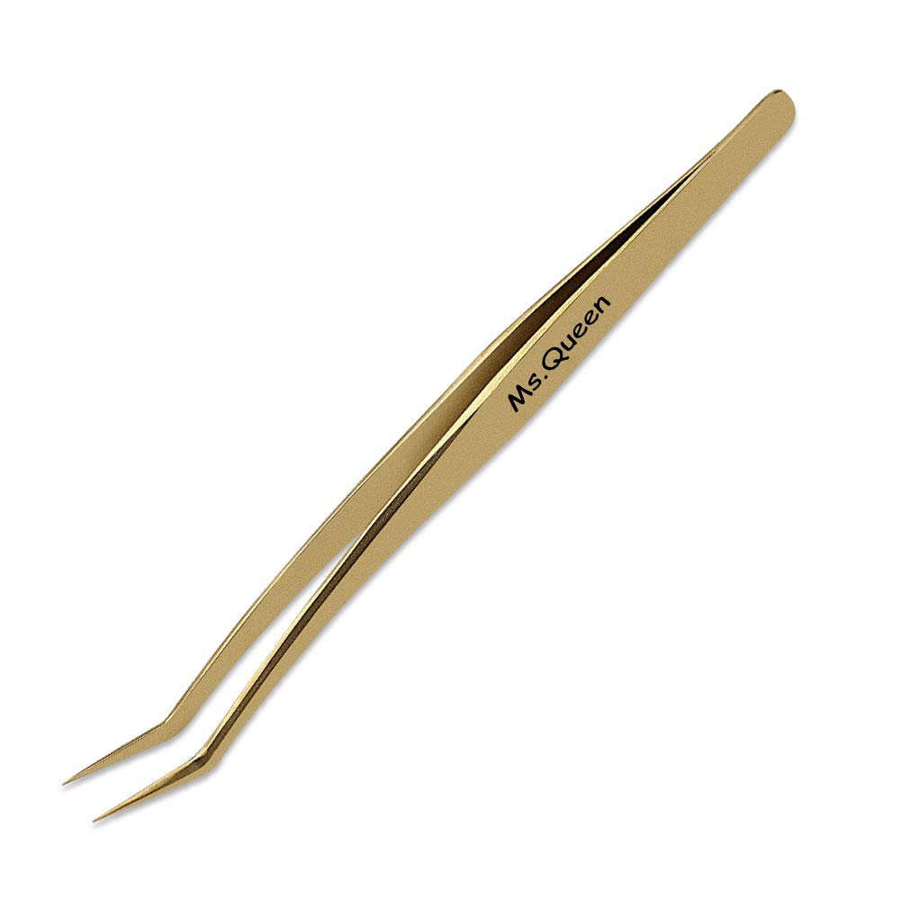 Tweezers for Volume Eyelash Extension - Precision Stainless Steel Curved Pointed Tweezers - Individual and 3D-6D Volume False Lashes Extensions Tweezers with Premium Storage Case- Golden - Ms.Queen