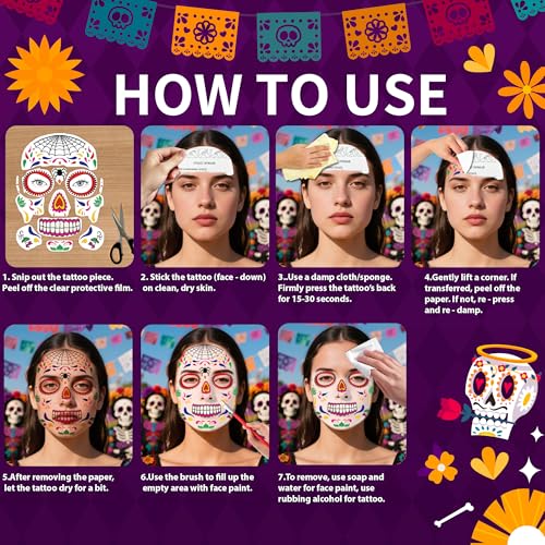 18 Pack Day of the Dead Face Tattoos - Sugar Skull Makeup Kit