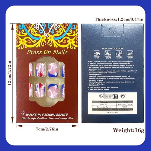MINGCHUN 4th of July Short Square Blue & White French Press-On Nails with Star Design, 24Pcs - Model A28