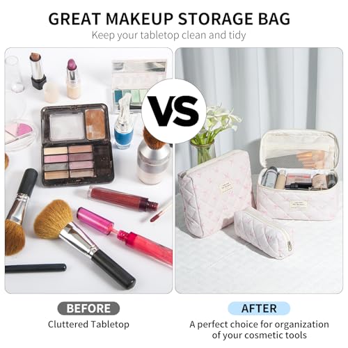senbowe Light Pink Bow Floral Makeup Bag Set – 3 Sizes Cosmetic Organizer for Women