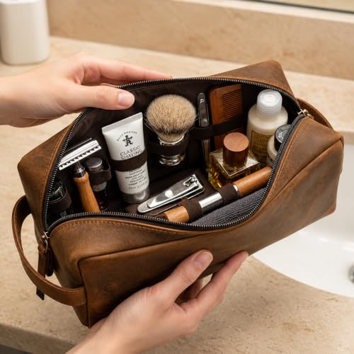 Oil Pull Up Leather Toiletry Case - Premium Dopp Kit Organizer