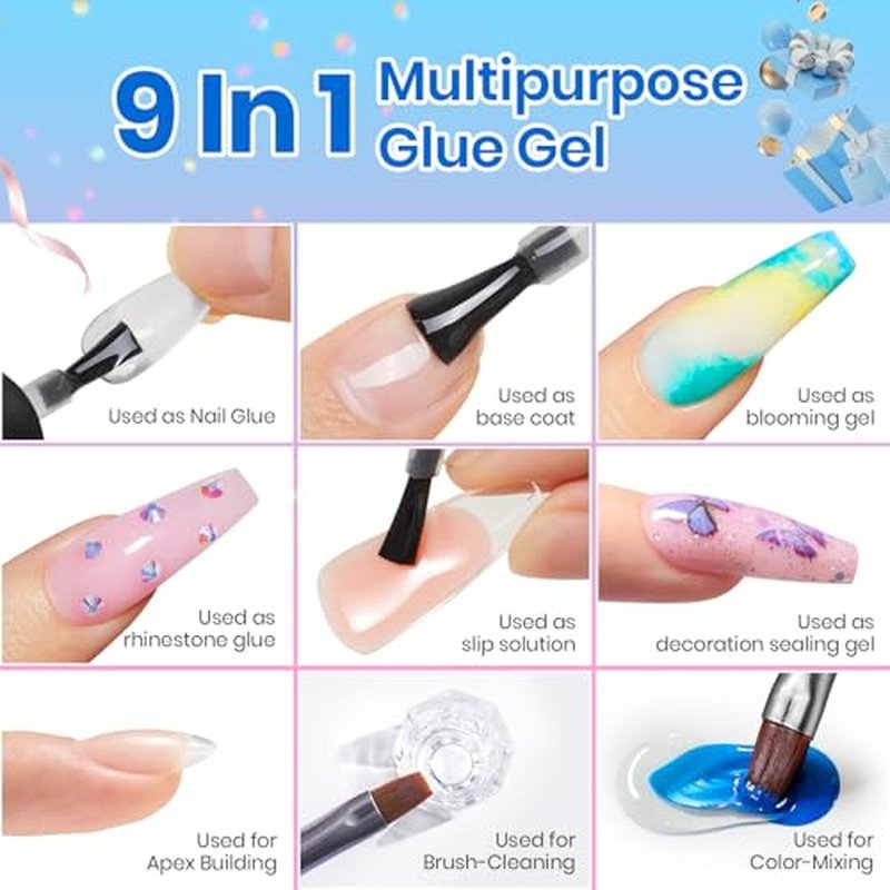 Beetles Gel Polish 9 in 1 Gel Nail Glue for Clear Acrylic Nail Tips 2 Pcs 15ml Long Lasting Nail Gel Kit for False Nails Tips, Base Blooming Nail Gel, U V Light Required, Gift for Women