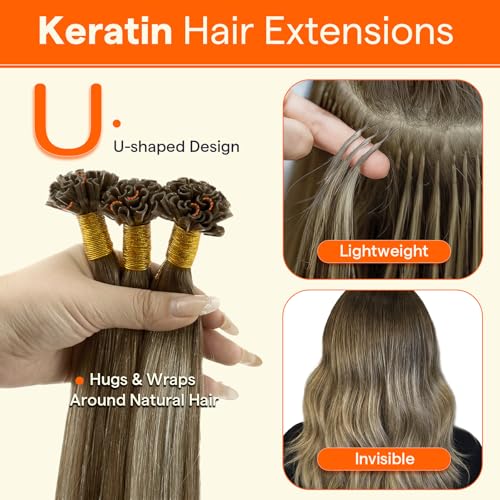 Full Shine U Tip Hair Extensions Real Human Hair 18 Inch Ktip Human Hair Extensions Balayage Color 3 Fading to 8 Ash Brown and 22 Blonde Fusion Extensions 50 Grams Pre Bonded Remy Hair for Wedding