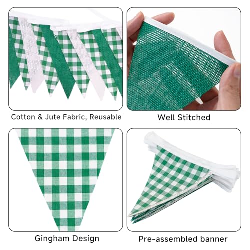 G2PLUS Green and White Gingham Bunting Banner - 32Ft Cotton Party Garland